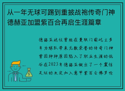 从一年无球可踢到重披战袍传奇门神德赫亚加盟紫百合再启生涯篇章