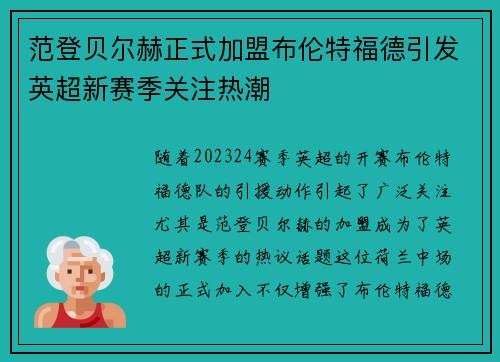 范登贝尔赫正式加盟布伦特福德引发英超新赛季关注热潮